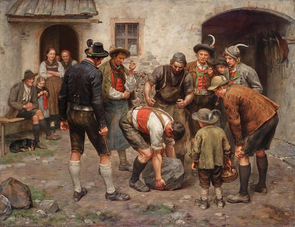 Franz von Defregger, Die Kraftprobe, 1898, Öl auf Leinwand, 131,5 × 174 cm, Belvedere, Wien, In…