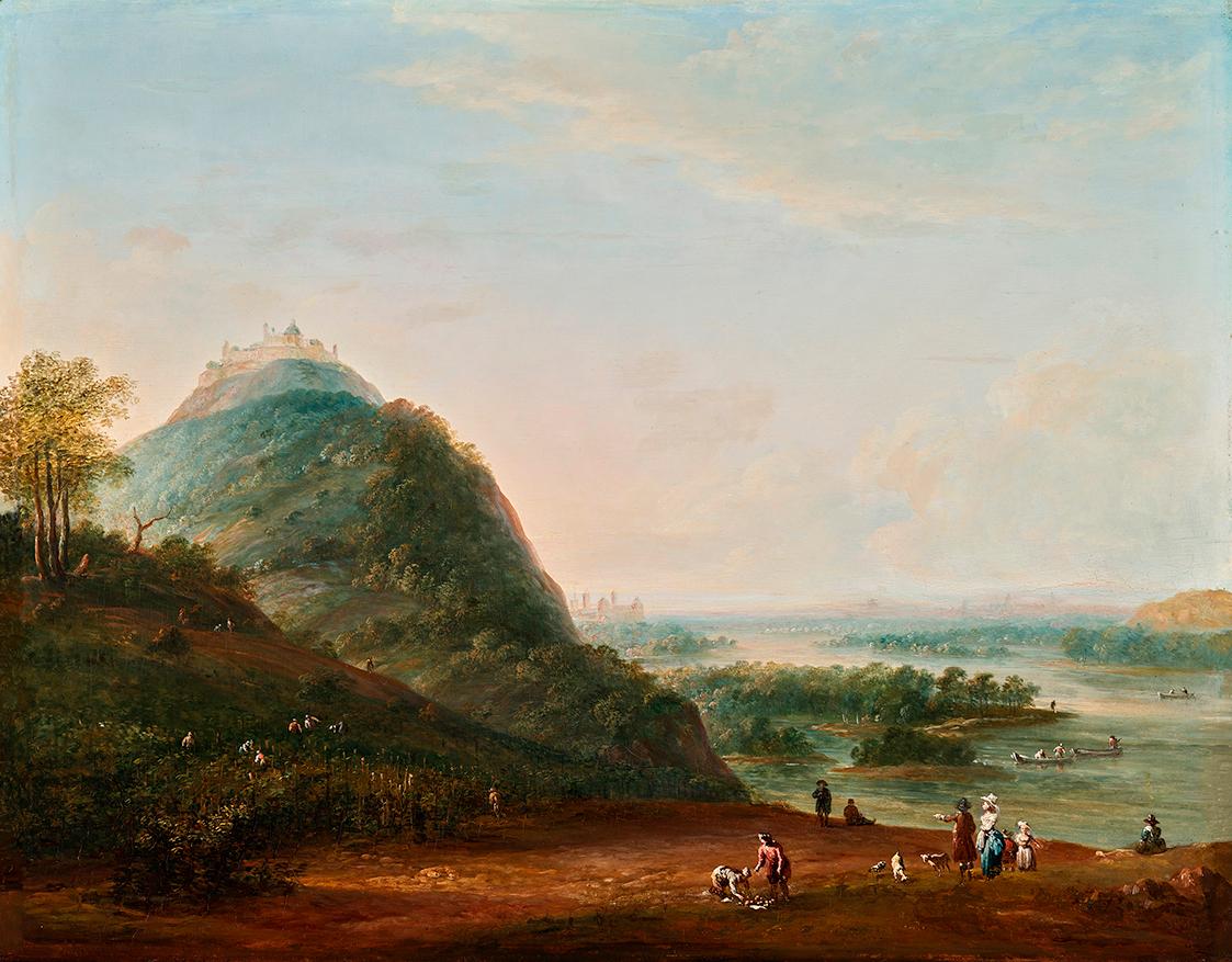 Josef Heideloff, Weinernte vor Wien mit Blick nach Klosterneuburg, den Leopoldsberg, Bisamberg …
