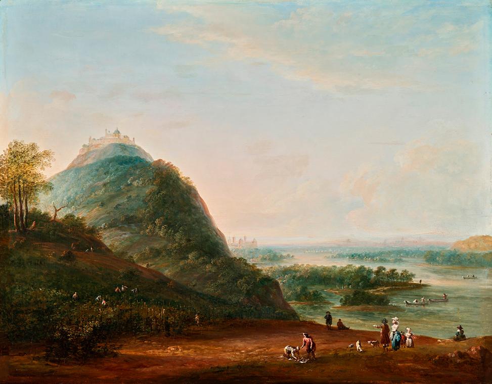 Josef Heideloff, Weinernte vor Wien mit Blick nach Klosterneuburg, den Leopoldsberg, Bisamberg …
