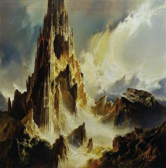 Heinrich Caesar Berann, Die große Zerstörung, 1973, Öl auf Leinwand auf Hartfaserplatte, 117 x …