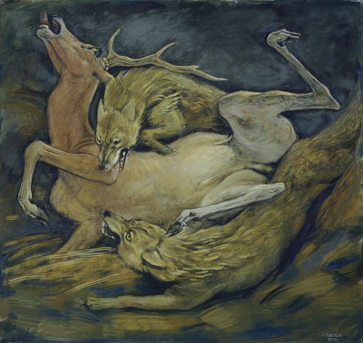 Fritz Zerritsch, Hirsch, von Wölfen angefallen, 1934, Tempera auf Leinwand, 81 x 85 cm, Belvede ...