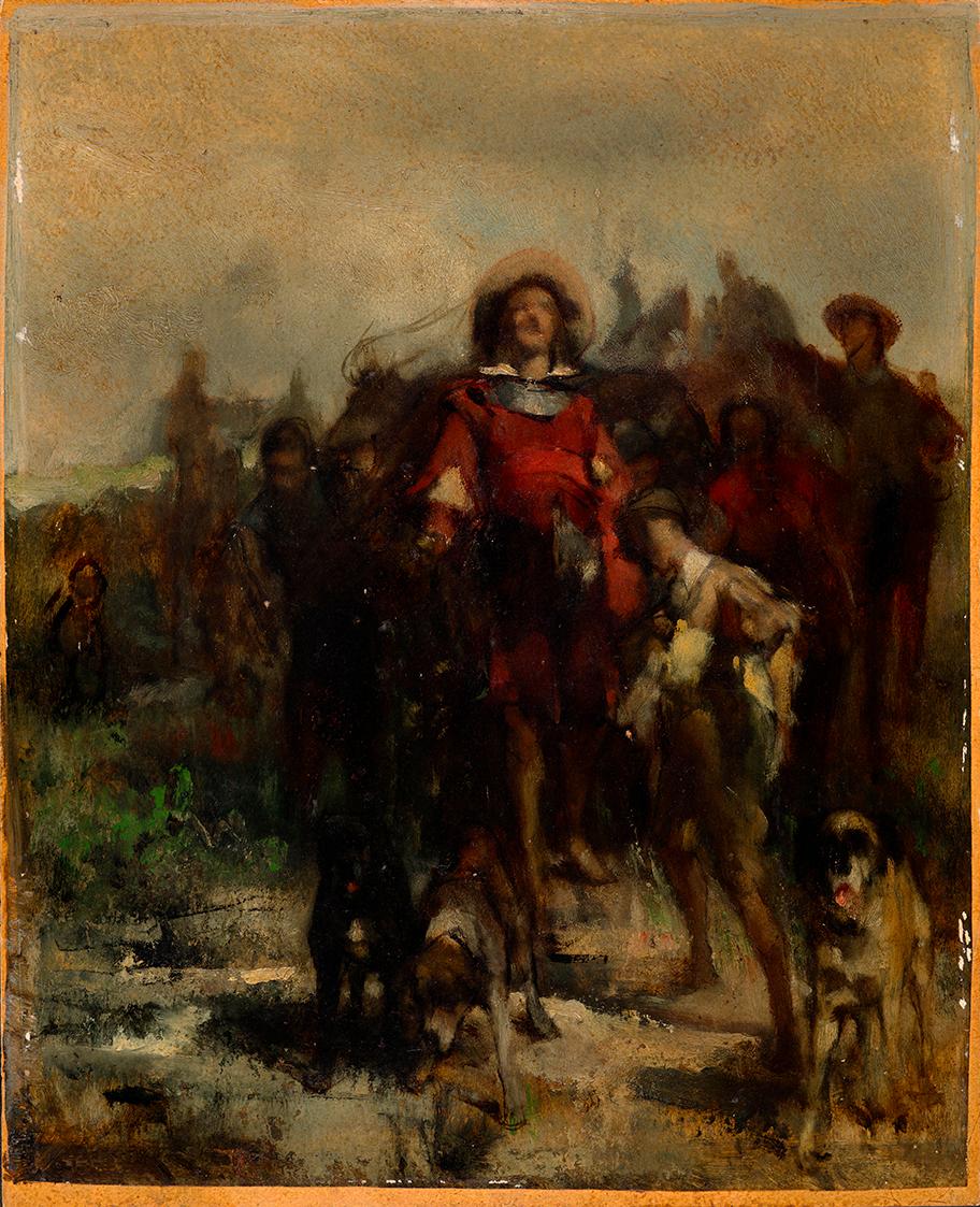 Johann Till, Ritter, Knabe und drei Hunde, möglicherweise auf der Jagd, um 1870/1880, Öl auf Ka…