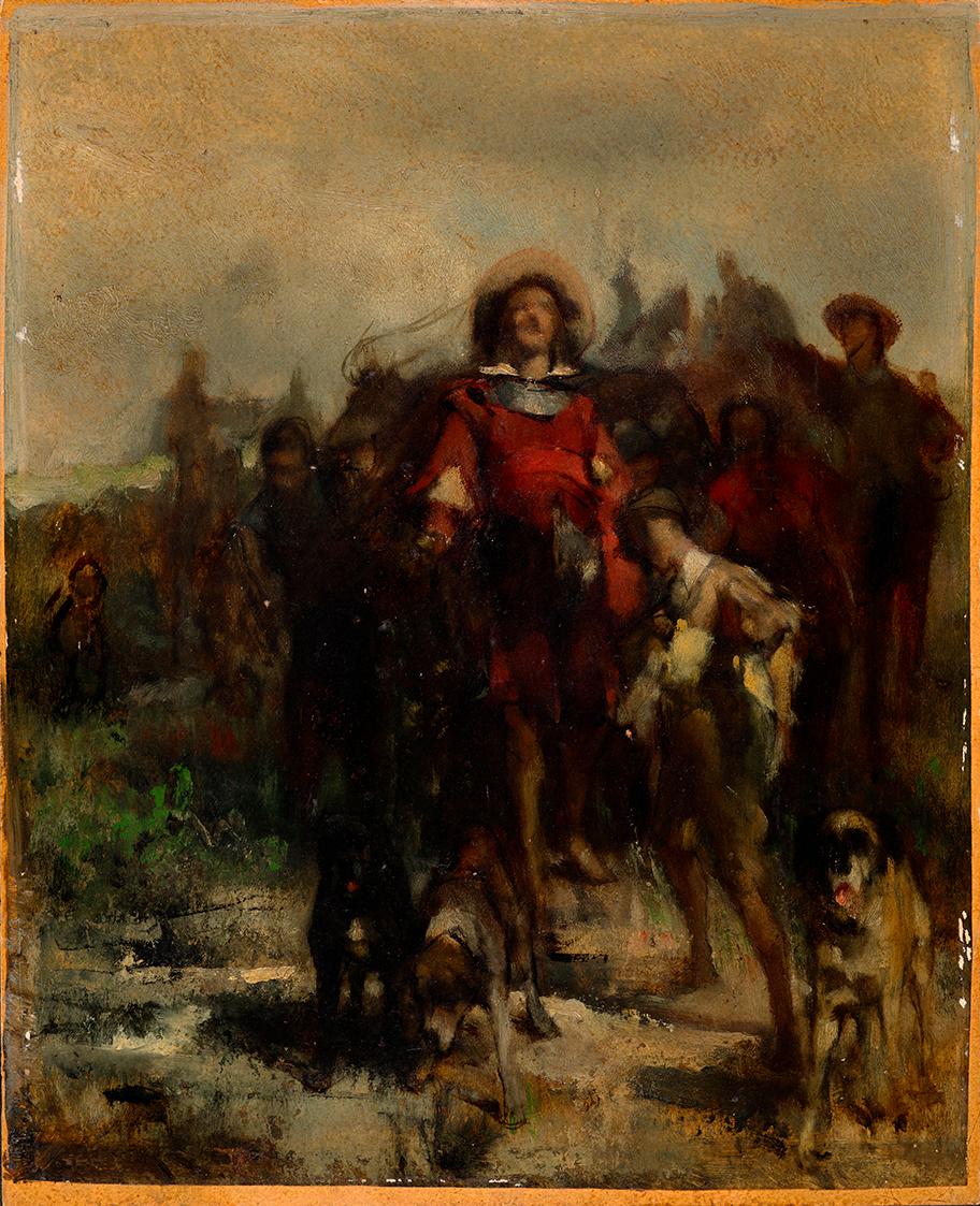 Johann Till, Ritter, Knabe und drei Hunde, möglicherweise auf der Jagd, um 1870/1880, Öl auf Ka ...