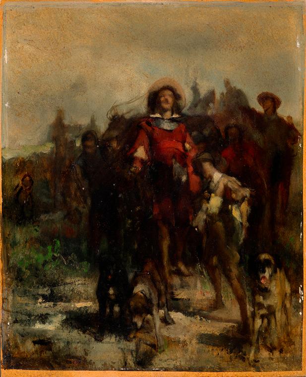 Johann Till, Ritter, Knabe und drei Hunde, möglicherweise auf der Jagd, um 1870/1880, Öl auf Ka…