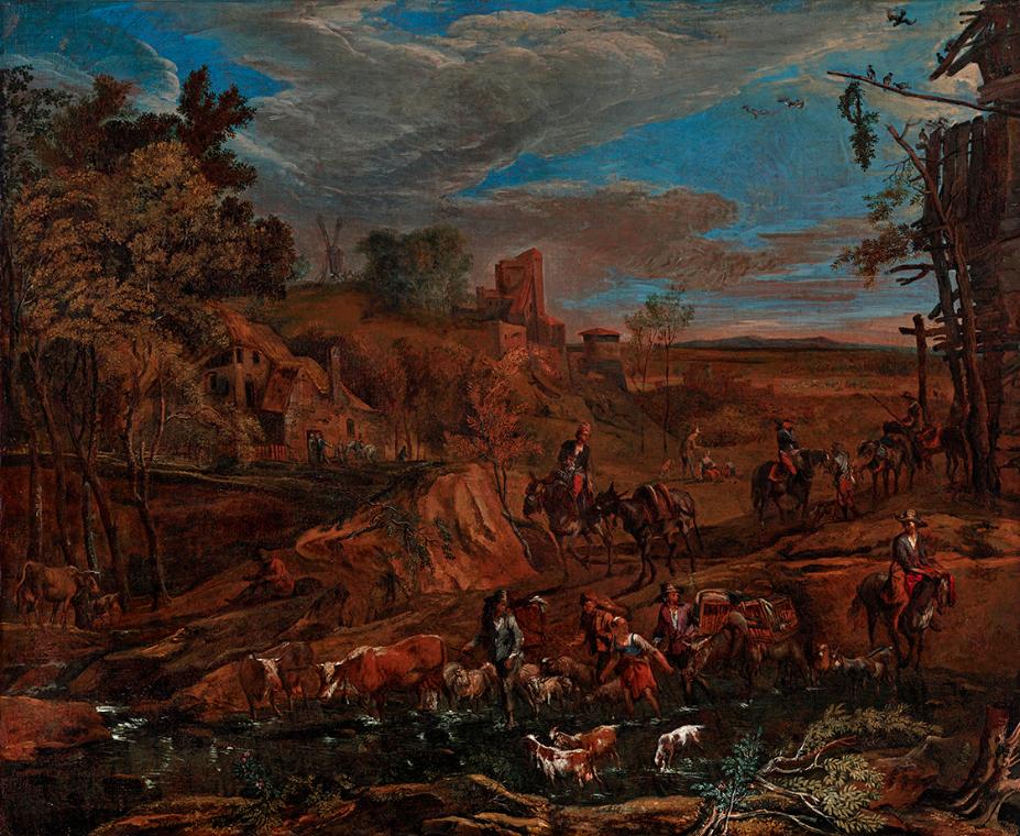 Hans Johann Baptist Graf, Herbstlandschaft mit Furt und Viehtrieb, 1708, Öl auf Leinwand, 70 x …