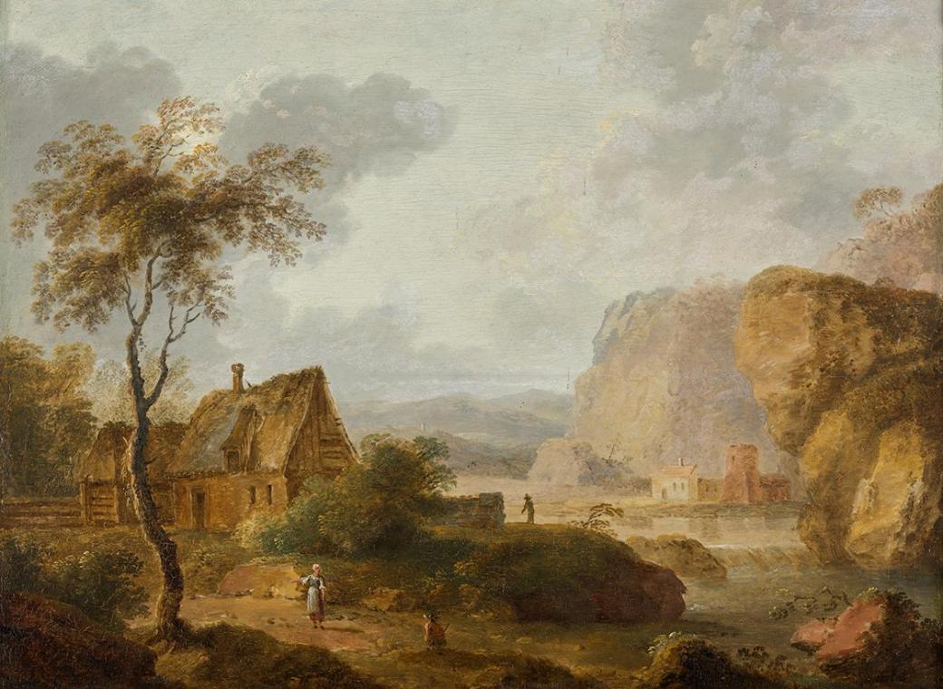 Christian Hilfgott Brand, Gebirgslandschaft mit Fluss und Bauernhof, undatiert, Öl auf Holz, 30 ...