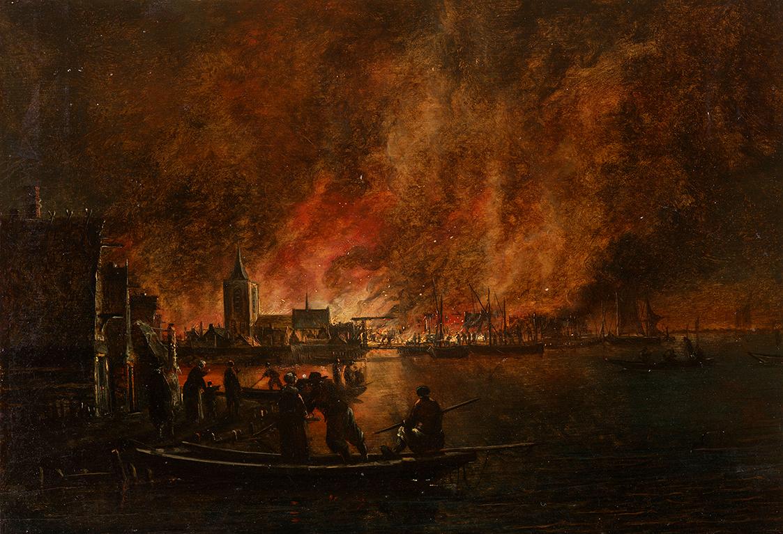 Egbert van der Poel, Nächtliches Feuer über holländischer Stadt, 1654/1664, Öl auf Holz, ungera…