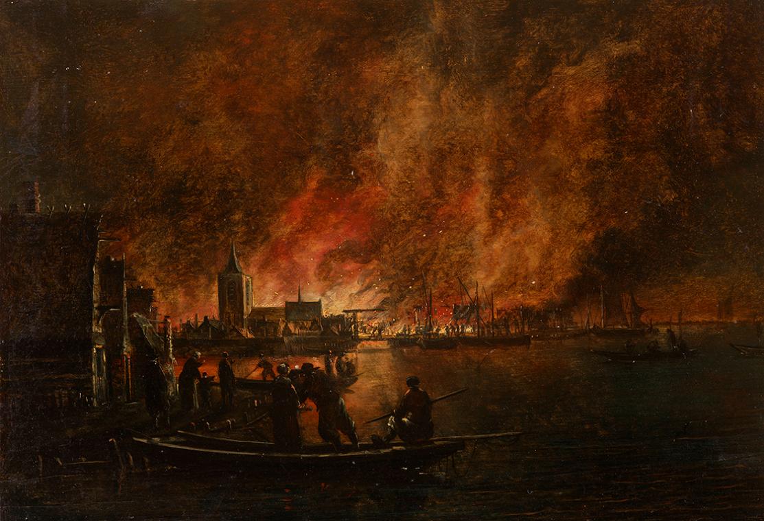 Egbert van der Poel, Nächtliches Feuer über holländischer Stadt, 1654/1664, Öl auf Holz, ungera…