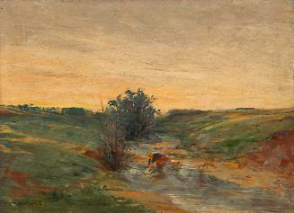 Serafin Maurer, Wäscherin am Bach bei Sonnenuntergang, um 1920, Öl auf Holz, ungerahmt: 30,7 × …