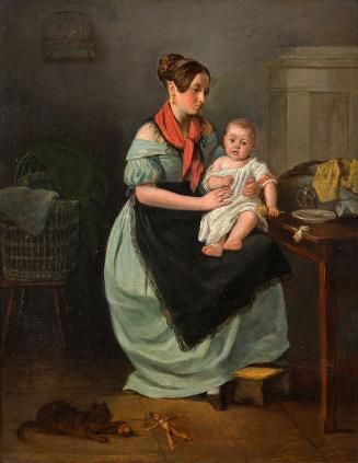 Unbekannter Künstler, Mutter mit ihrem Kind auf dem Schoß, um 1835, Öl auf Leinwand, 34,2 × 27,…
