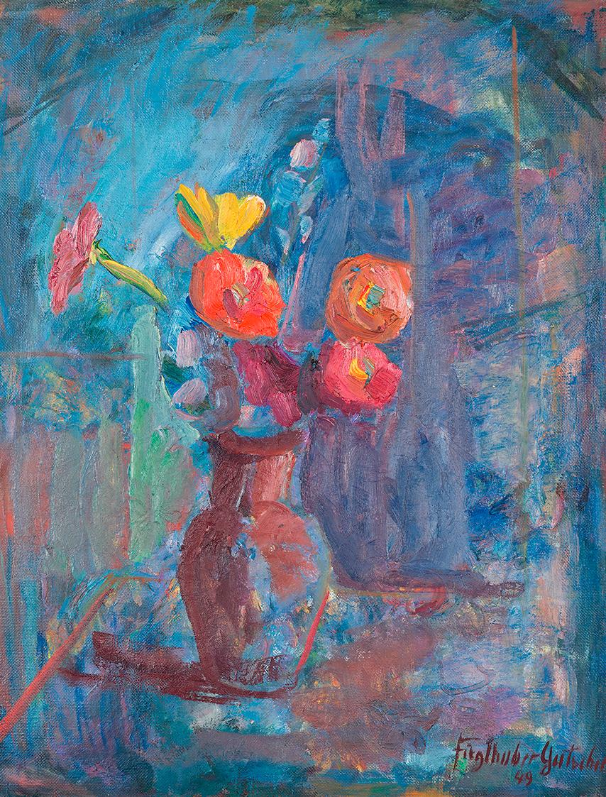 Marianne Fieglhuber-Gutscher, Zinnien in Vase, 1949, Öl auf Leinwand, 78,5 x 62,5 cm, Belvedere…