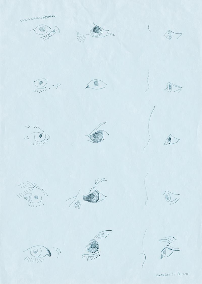 Christine Hohenbüchler, Charles le Brun, 1993, Tusche auf blauem Papier, 29,4 × 20,9 cm, Belved…