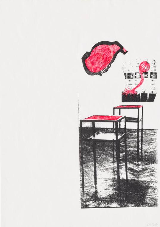 Christine Hohenbüchler, Rotalge, 1991, Druck und Buntstift auf Transparentpapier, 29,6 × 20,9 c…