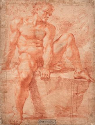 Männerakt, auf Stein sitzend, 16./17. Jahrhundert, Rötel auf Papier, Blattmaße: 57 × 43,5 cm, B…