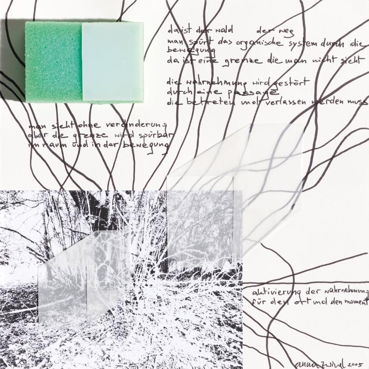Anna Zwingl, Das ist der Wald, 2005, Tusche, Fotokopie, Seidenpapier, Kunststoff auf Papier, 30…