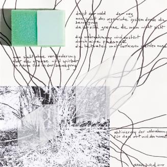 Anna Zwingl, Das ist der Wald, 2005, Tusche, Fotokopie, Seidenpapier, Kunststoff auf Papier, 30…