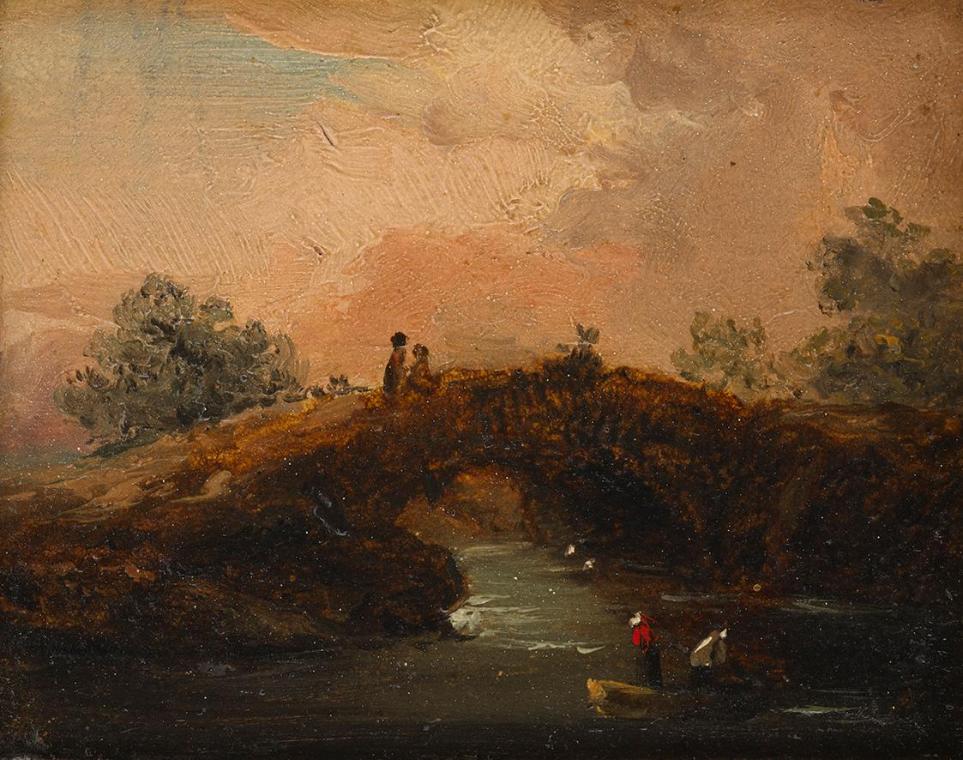 Johann Josef Schindler, Brücke, undatiert, Öl auf Holz, 10,5 × 13 cm, Schenkung Sammlung Maurer…