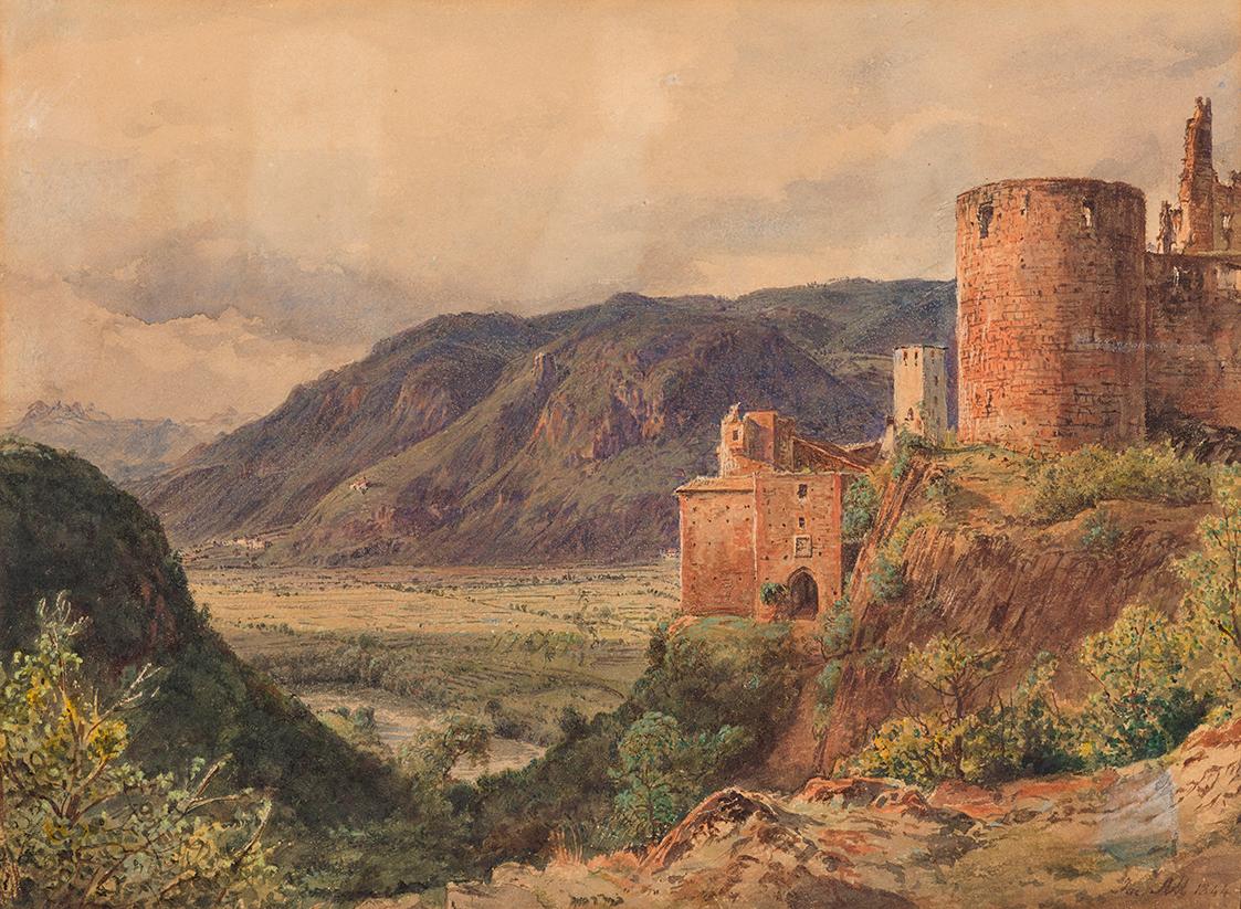 Jakob Alt, Sigmundskron bei Bozen, 1844, Aquarell auf Papier, Blattmaße: 24 × 32,3 cm, Legat Sa…
