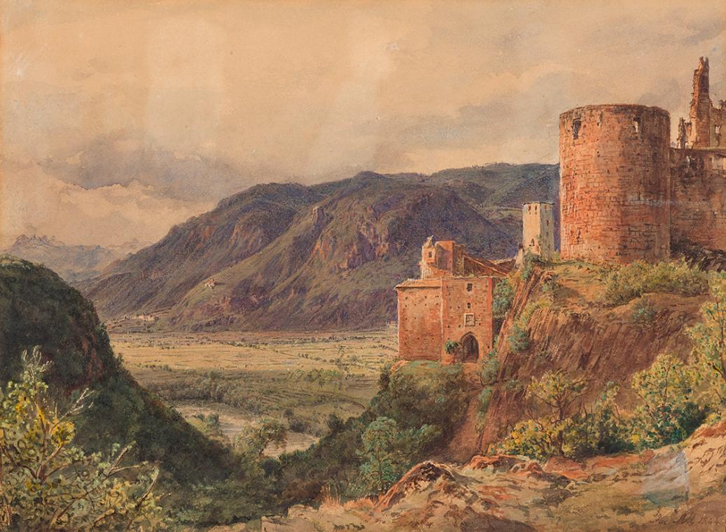 Jakob Alt, Sigmundskron bei Bozen, 1844, Aquarell auf Papier, Blattmaße: 24 × 32,3 cm, Legat Sa ...