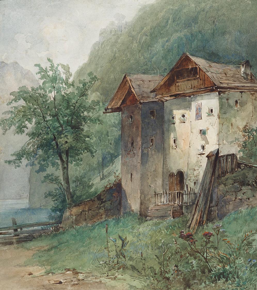 Joseph Selleny, Häuser an Gebirgssee, undatiert, Aquarell auf Papier, Bildausschnitt: 30 × 26,7…