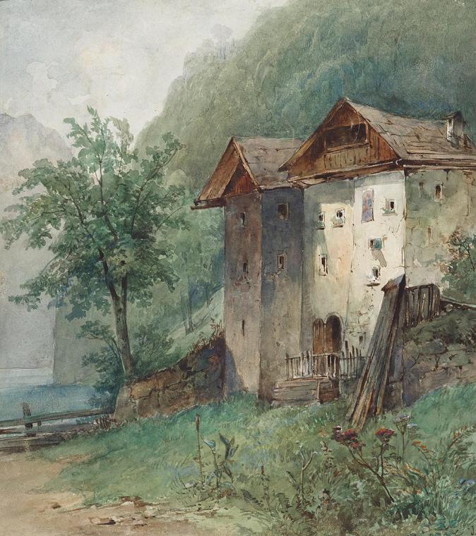 Joseph Selleny, Häuser an Gebirgssee, undatiert, Aquarell auf Papier, Bildausschnitt: 30 × 26,7…