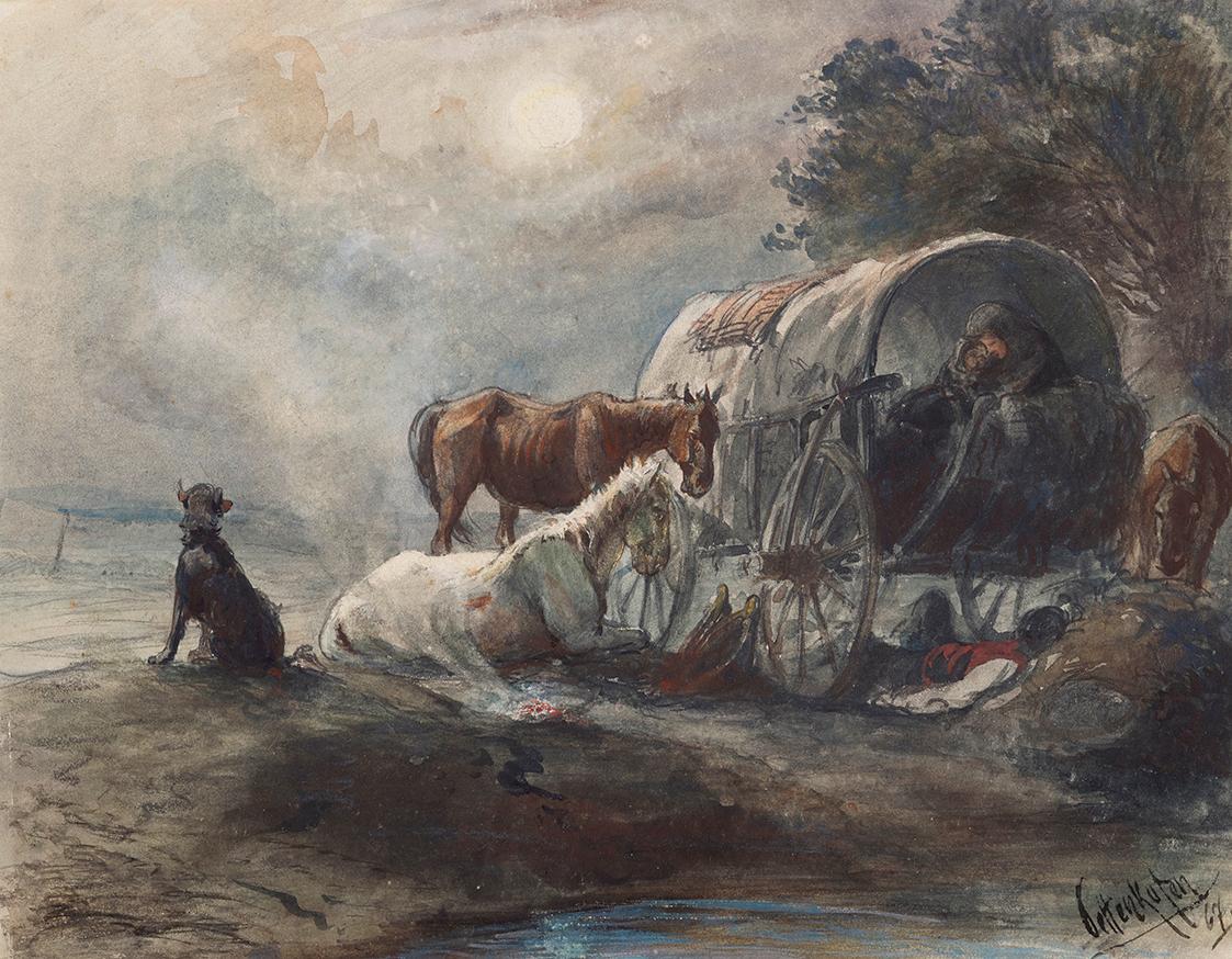 August von Pettenkofen, Übernachtung im Planwagen, 1867, Aquarell auf Papier, 23,5 × 30,2 cm, B…