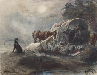 August von Pettenkofen, Übernachtung im Planwagen, 1867, Aquarell auf Papier, 23,5 × 30,2 cm, B…