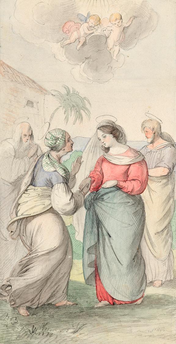 The image depicts several figures. In the foreground, there are two women, one dressed in a long garment and the other wearing a headscarf. The first woman has an open expression and seems to be speaking to the second, who is raising her hands as if explaining or pleading. In the background, there are two additional figures, an older male figure and a female figure. Above the figures hovers a cloud with two cherubs. Some plants are also visible in the image.

[AI-generated with ChatGPT]