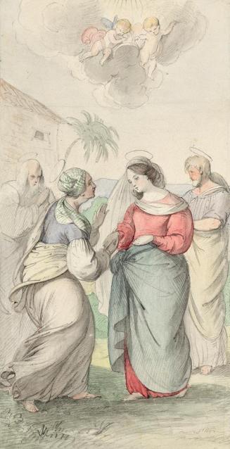 The image depicts several figures. In the foreground, there are two women, one dressed in a long garment and the other wearing a headscarf. The first woman has an open expression and seems to be speaking to the second, who is raising her hands as if explaining or pleading. In the background, there are two additional figures, an older male figure and a female figure. Above the figures hovers a cloud with two cherubs. Some plants are also visible in the image.

[AI-generated with ChatGPT]