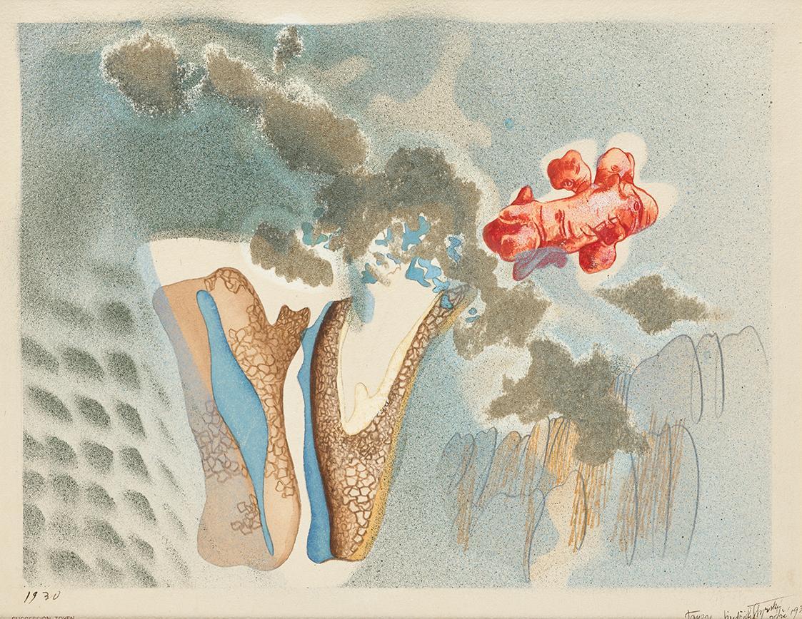 Jindřich Štyrský, Juli, 1930, Graphit und Gouache aquarelliert auf Papier, 29,5 × 38,8 cm, Daue…