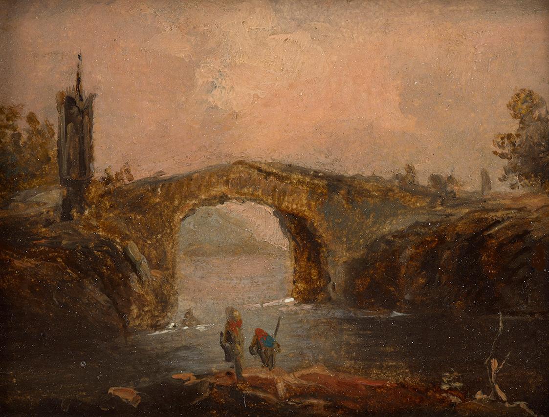 Johann Josef Schindler, Brücke, undatiert, Öl auf Holz, Rahmenmaße: 13 × 16 × 2,5 cm, Schenkung ...