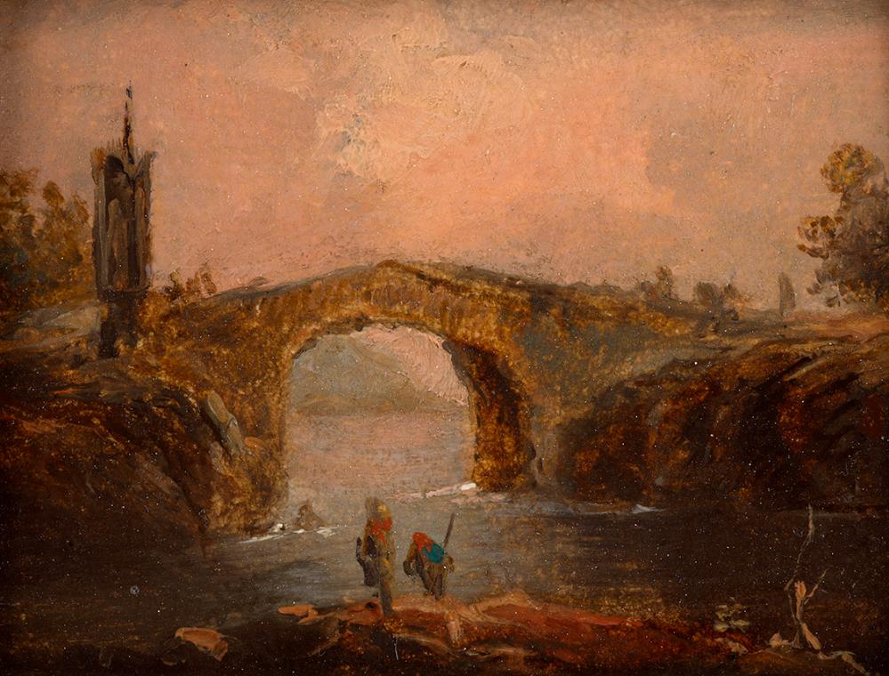 Johann Josef Schindler, Brücke, undatiert, Öl auf Holz, Rahmenmaße: 13 × 16 × 2,5 cm, Schenkung…