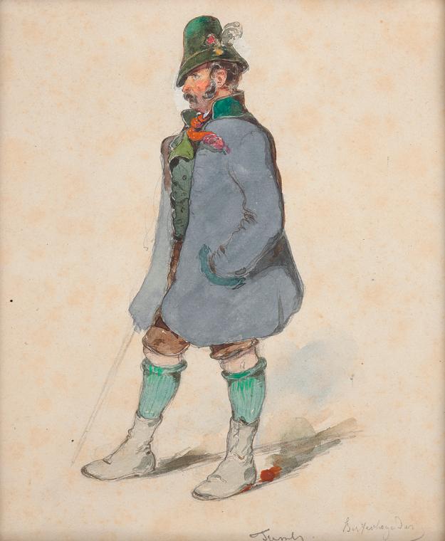 Johann Friedrich Treml, Bauer in Berchtesgadner Tracht, um 1840, Gouache auf Papier, Bildaussch…
