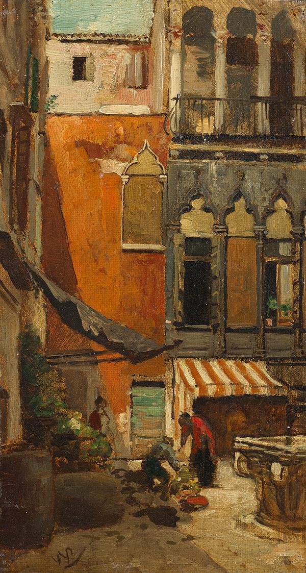 Wilhelm Lindenschmidt, Händler auf einem Platz in Venedig, um 1880, Öl auf Karton, ungerahmt: 2…