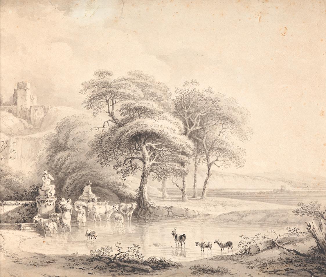 Joseph Mössmer, Landschaft mit Furt, 1812, Sepia-Aquarell, 35 × 41 cm, Schenkung Sammlung Maure…