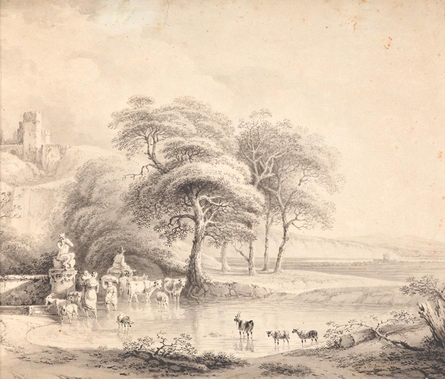 Joseph Mössmer, Landschaft mit Furt, 1812, Sepia-Aquarell, 35 × 41 cm, Schenkung Sammlung Maure…