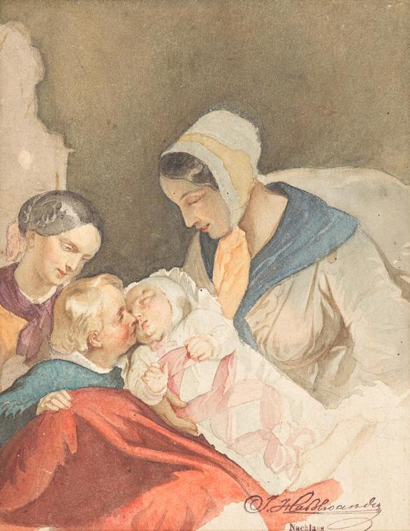 Joseph Hasslwander, Mutterglück, undatiert, Aquarell auf Papier, 20,5 × 16 cm, Schenkung Sammlu…