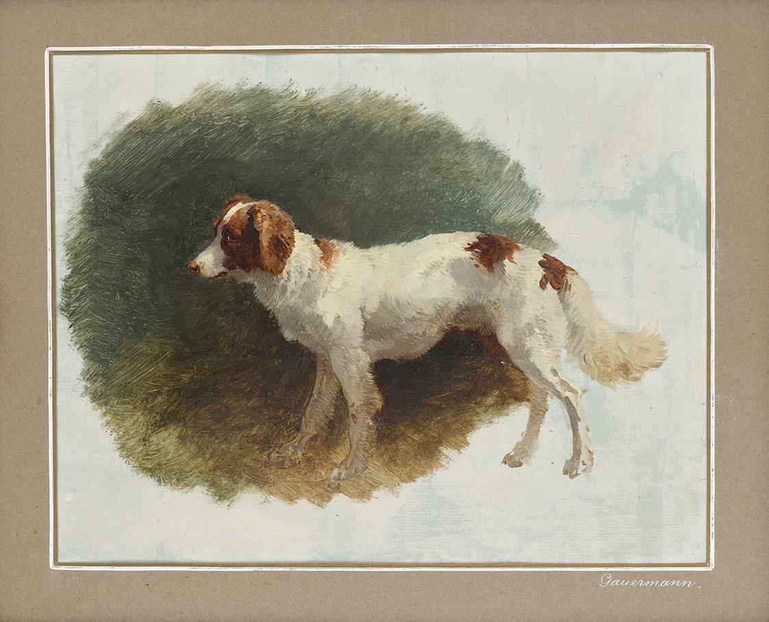 Friedrich August Mathias Gauermann, Jadghund, Öl auf Papier (?), undatiert, 21,5 × 27,5 cm, Sch…
