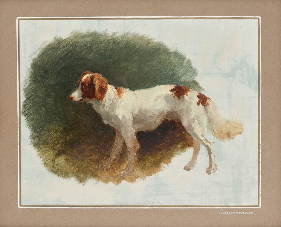 Friedrich August Mathias Gauermann, Jadghund, Öl auf Papier (?), undatiert, 21,5 × 27,5 cm, Sch…