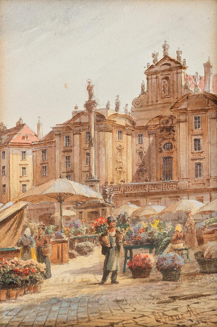 Franz Alt, Blumenmarkt am Hof, 1876, Aquarell auf Papier, 15,5 × 10,3 cm, Belvedere, Wien, Inv.…