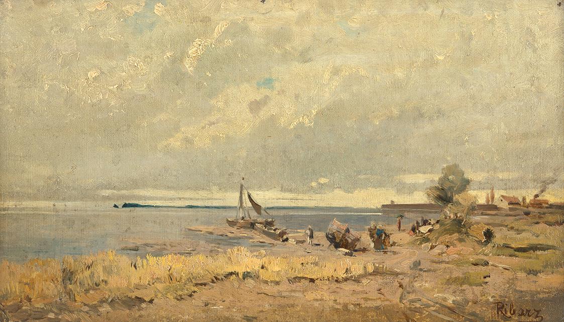 Rudolf Ribarz, Strandlandschaft mit Booten, um 1875/1880, Öl auf Karton, 17,2 × 27 cm, Belveder…
