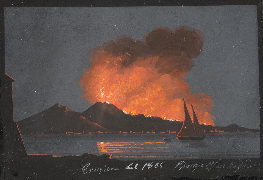 Giorgio Glass, Neapel, Vesuv-Eruption, 1805, Gouache auf schwarzem Papier, 7 × 10,5 cm, Schenku…