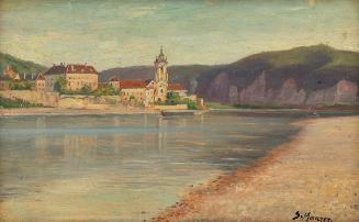 Serafin Maurer, Ansicht von Dürnstein vom gegenüberliegenden Donauufer, um 1910, Öl auf Holz, 1…