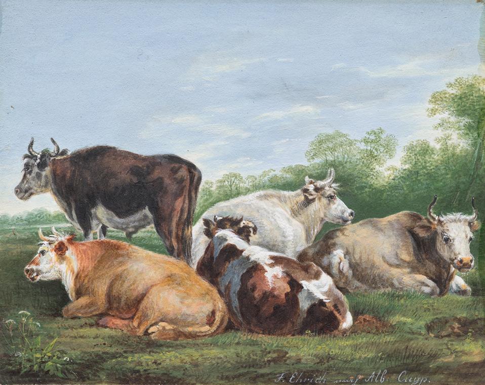 Ferdinand Ehricht d. J. nach Albert Jacobsz Cuyp, Kühe auf einer Weide, Öl auf Holz, 8,3 × 10,3…