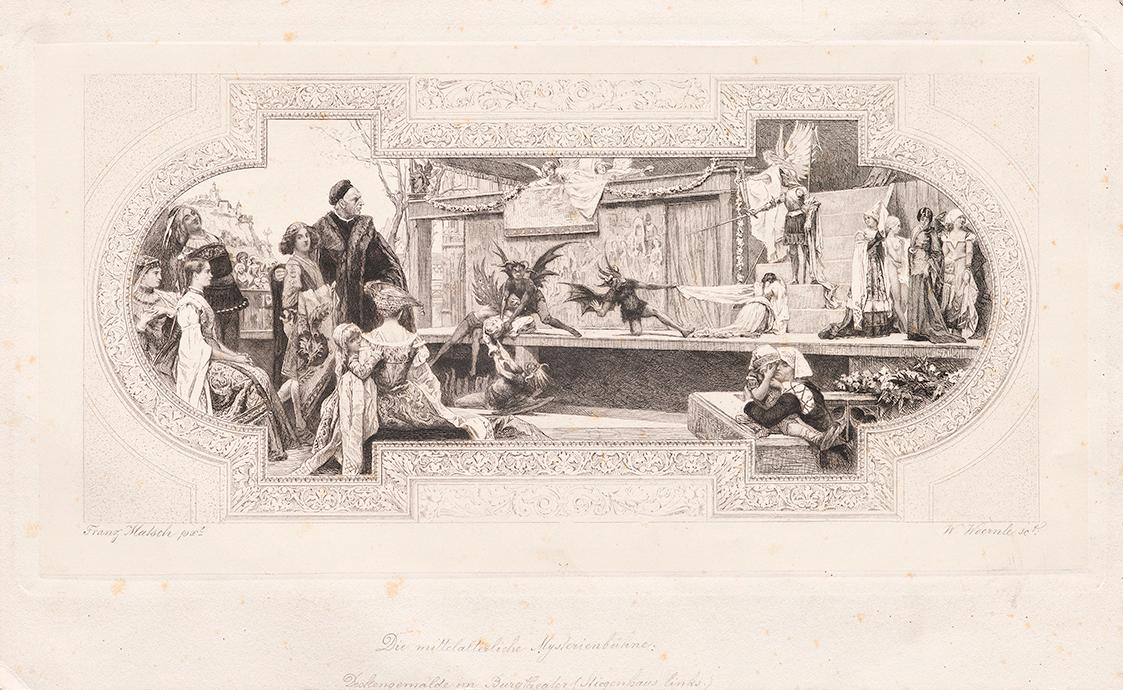 Franz von Matsch, Die mittelalterliche Mysterienbühne, 1888, Kupferstich, 20,7 x 33,6 cm, Belve…