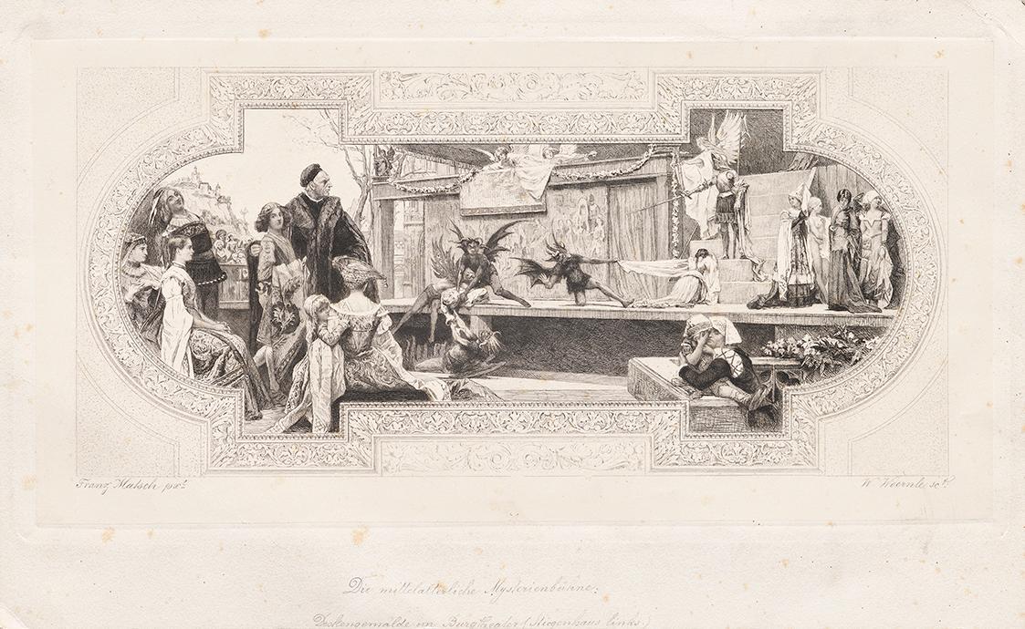 Franz von Matsch, Die mittelalterliche Mysterienbühne, 1888, Kupferstich, 20,7 x 33,6 cm, Belve…