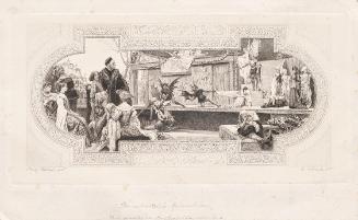 Franz von Matsch, Die mittelalterliche Mysterienbühne, 1888, Kupferstich, 20,7 x 33,6 cm, Belve…