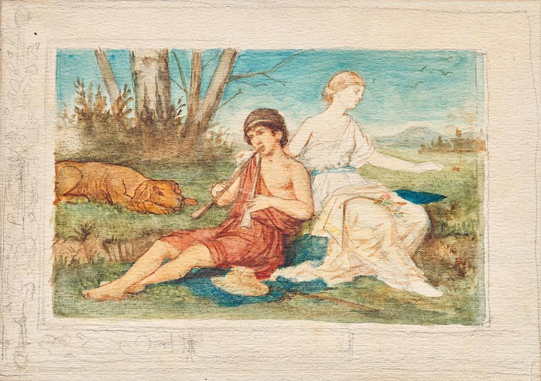 Franz von Matsch, Knabe mit Doppelflöte und Muse, 1884/1885, Aquarell, Bleistift auf Papier, 13 ...