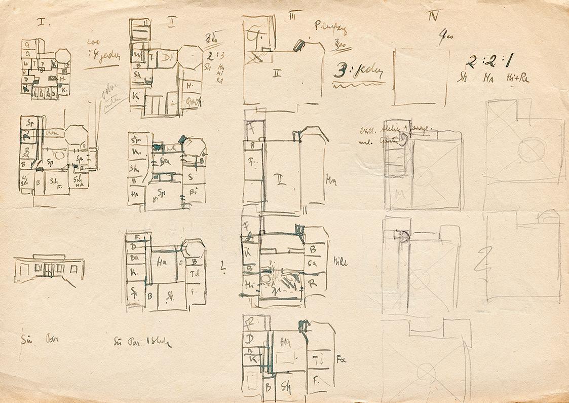 Franz von Matsch, Entwurfsskizzen zu Matschs Ateliervilla - Grundrisse, 1895/1896, Bleistift, T…