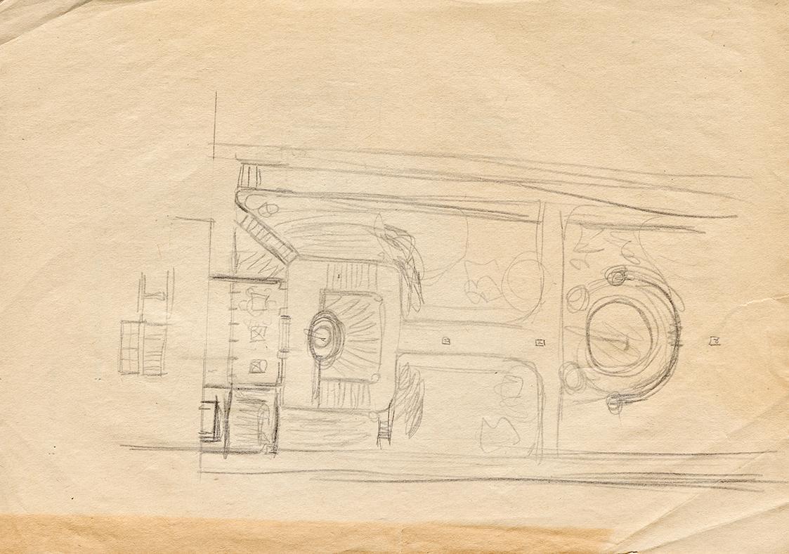 Franz von Matsch, Entwurfsskizzen zu Matschs Ateliervilla - Gartenfassade und Grundriss, 1895/1…